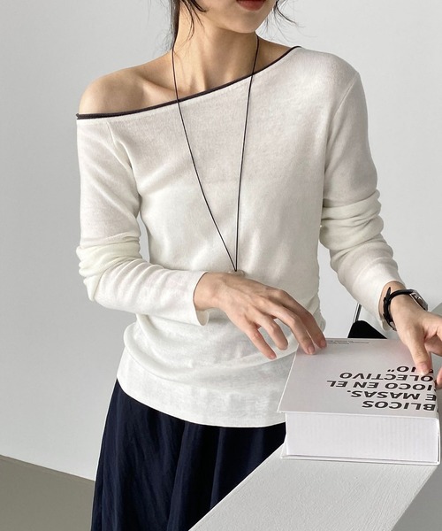 shyam inspiration(シャムインスピレーション)の「バイカラーオフショルニットトップス(Tシャツ/カットソー・レディース・ホワイト/ブラック/ミント/ブラウン・F)」の17枚目の写真