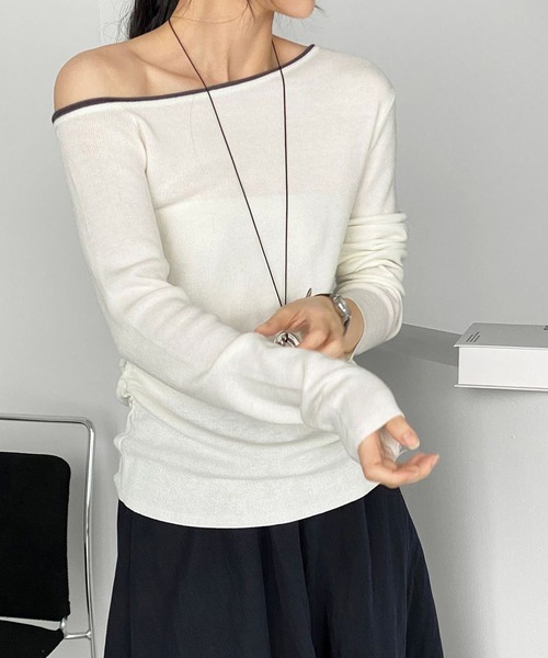 shyam inspiration(シャムインスピレーション)の「バイカラーオフショルニットトップス(Tシャツ/カットソー・レディース・ホワイト/ブラック/ミント/ブラウン・F)」の18枚目の写真