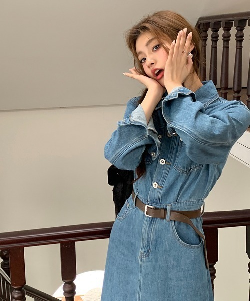FLINEA(フリネア)の「襟付きシングルブレスト長袖デニムワンピース(ワンピース・レディース・ブルー・S/M/L/XL)」の3枚目の写真