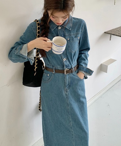 FLINEA(フリネア)の「襟付きシングルブレスト長袖デニムワンピース(ワンピース・レディース・ブルー・S/M/L/XL)」の5枚目の写真