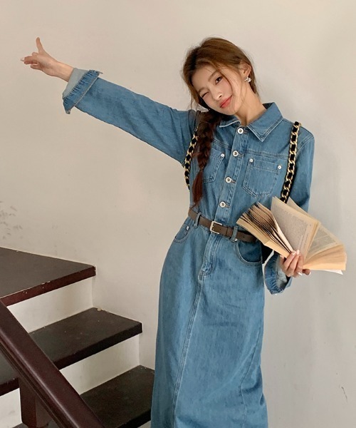 FLINEA(フリネア)の「襟付きシングルブレスト長袖デニムワンピース(ワンピース・レディース・ブルー・S/M/L/XL)」の6枚目の写真