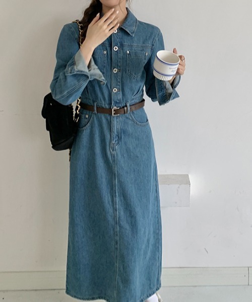 FLINEA(フリネア)の「襟付きシングルブレスト長袖デニムワンピース(ワンピース・レディース・ブルー・S/M/L/XL)」の7枚目の写真