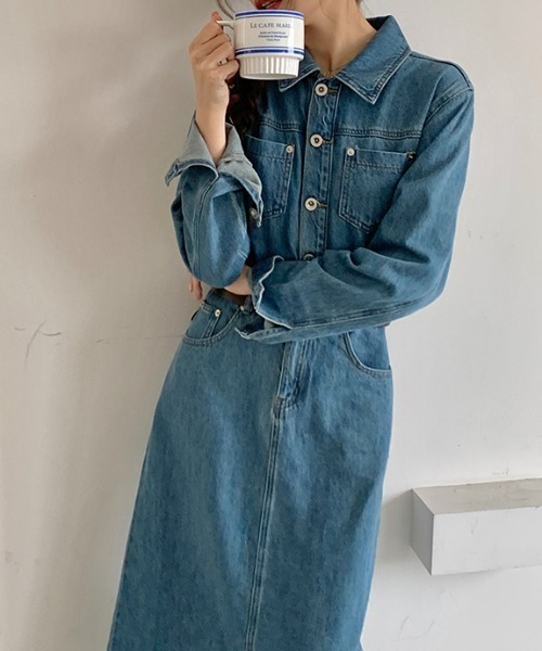 FLINEA(フリネア)の「襟付きシングルブレスト長袖デニムワンピース(ワンピース・レディース・ブルー・S/M/L/XL)」の4枚目の写真