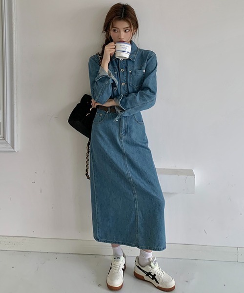 FLINEA(フリネア)の「襟付きシングルブレスト長袖デニムワンピース(ワンピース・レディース・ブルー・S/M/L/XL)」の10枚目の写真