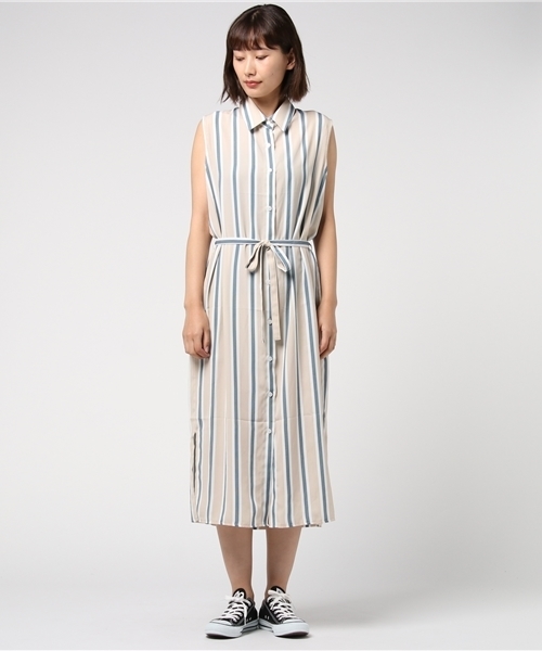 PUNYUS（プニュズ）の「ストライプ柄ノースリーブシャツワンピース（シャツワンピース・レディース・ライトピンク/ライトベージュ・4/1/3/2）」の10枚目の写真