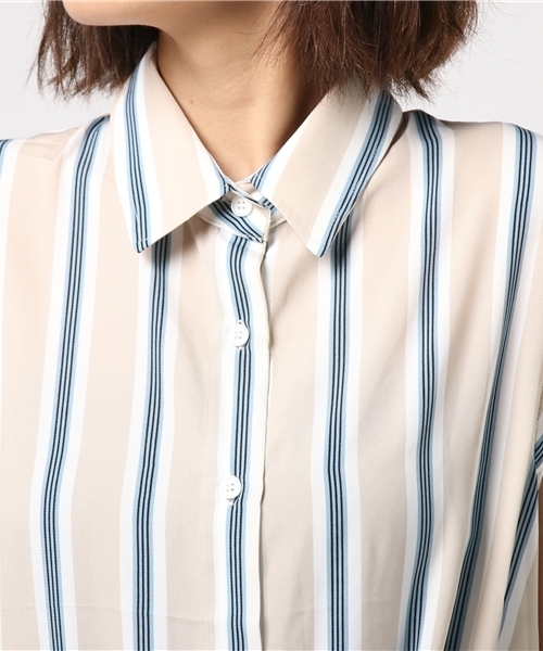 PUNYUS（プニュズ）の「ストライプ柄ノースリーブシャツワンピース（シャツワンピース・レディース・ライトピンク/ライトベージュ・4/1/3/2）」の5枚目の写真