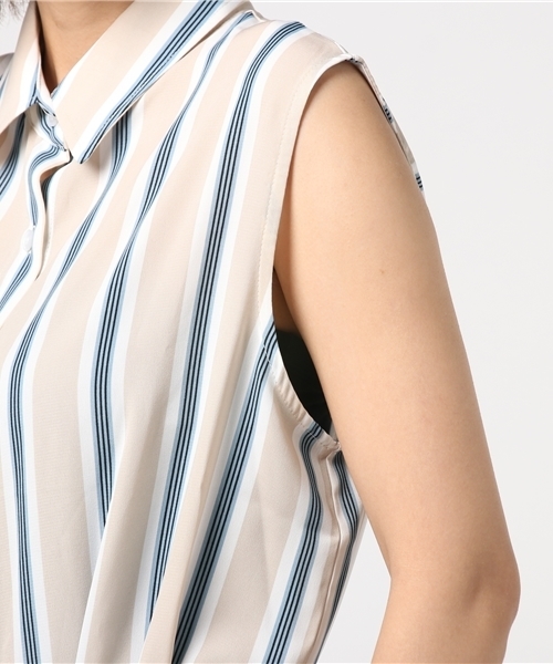 PUNYUS（プニュズ）の「ストライプ柄ノースリーブシャツワンピース（シャツワンピース・レディース・ライトピンク/ライトベージュ・4/1/3/2）」の6枚目の写真