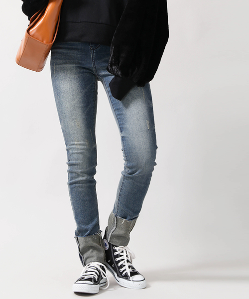 WEGO（ウィゴー）の「DISPARK/折り返しスキニーデニム（デニムパンツ・レディース・インディゴブルー/ダークインディゴブルー/ブラック・LARGE/MEDIUM）」の2枚目の写真