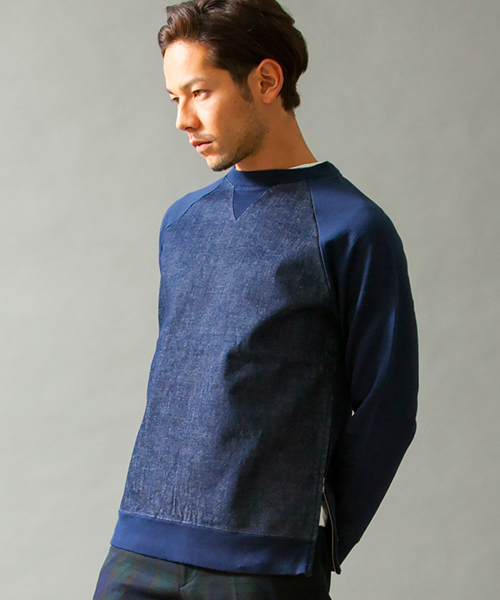 BEAUTY&YOUTH UNITED ARROWS(ビューティーアンドユースユナイテッドアローズ)の「BY デニム×スウェット クルーネック ◆(スウェット・メンズ・ネイビー・LARGE/SMALL/MEDIUM/X-LARGE)」の1枚目の写真