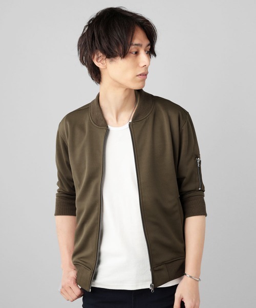 THE CASUAL（カジュアル）の「ハイブリッドジャージMA-1ジャケット5分袖（MA-1・メンズ・ブラック/ネイビー/カーキ/モカ/杢グレー/キャメル/ワイン・M/L）」の3枚目の写真