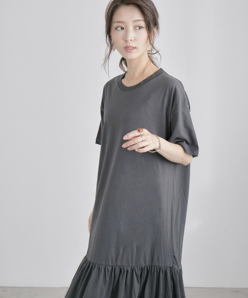 Fashion Letter(ファッションレター)の「裾ティアード半袖ワンピース 大きいサイズ(ワンピース・レディース・ブラック/モカ/チャコールグレー・M-L/L-XL/4L/LL/M)」の6枚目の写真