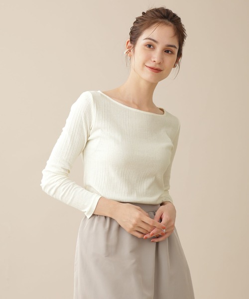 NANO universe（ナノユニバース）の「WEB限定/ランダムリブボートネックトップス 長袖（Tシャツ/カットソー・レディース・ホワイト/グリーン/オレンジ/ブラック/グレー系その他4・FREE）」の2枚目の写真