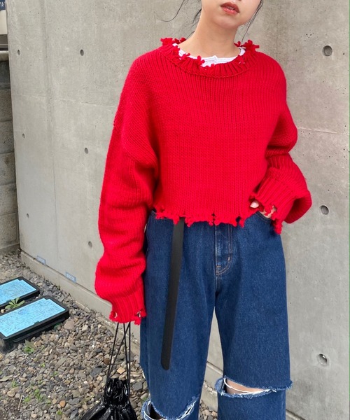 WHO'S WHO gallery（フーズフーギャラリー）の「ロービングダメージプルオーバー（ニット/セーター・レディース・ブラック/ダークグリーン/レッド/オフホワイト/ラベンダー・FREE）」の5枚目の写真