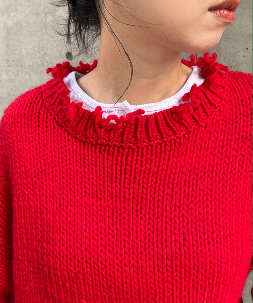 WHO'S WHO gallery（フーズフーギャラリー）の「ロービングダメージプルオーバー（ニット/セーター・レディース・ブラック/ダークグリーン/レッド/オフホワイト/ラベンダー・FREE）」の13枚目の写真