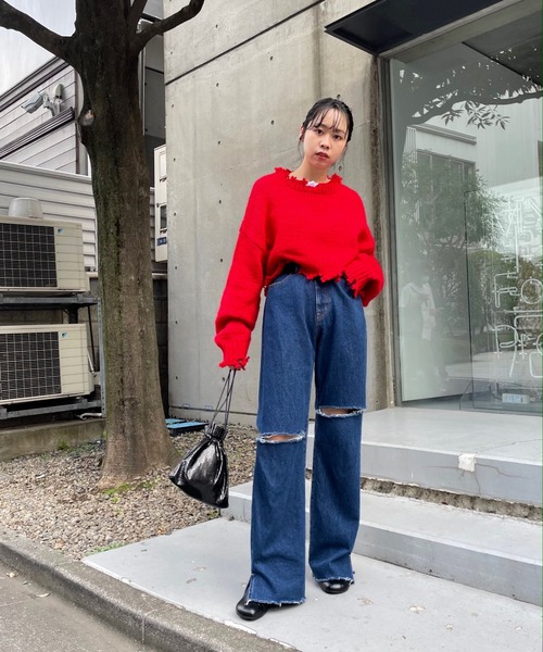 WHO'S WHO gallery（フーズフーギャラリー）の「ロービングダメージプルオーバー（ニット/セーター・レディース・ブラック/ダークグリーン/レッド/オフホワイト/ラベンダー・FREE）」の19枚目の写真