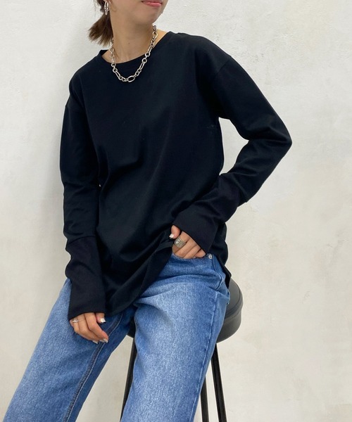 DouDou(ドゥドゥ)の「NEW袖リブTEE(Tシャツ/カットソー・レディース・オフホワイト/ブラック/グレイッシュベージュ・FREE)」の1枚目の写真