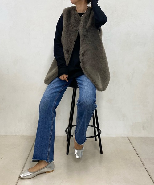 DouDou(ドゥドゥ)の「NEW袖リブTEE(Tシャツ/カットソー・レディース・オフホワイト/ブラック/グレイッシュベージュ・FREE)」の6枚目の写真