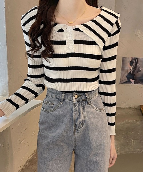 Primazel(プリマゼル)の「セーラーカラー ボーダーニット トップス(ニット/セーター・レディース・ホワイト/ブラック・M)」の1枚目の写真