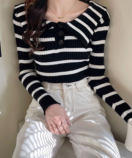 Primazel(プリマゼル)の「セーラーカラー ボーダーニット トップス(ニット/セーター・レディース・ホワイト/ブラック・M)」の2枚目の写真