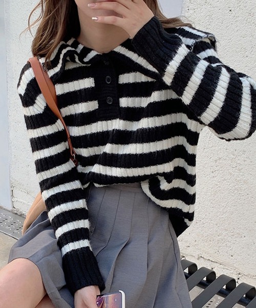 Primazel(プリマゼル)の「セーラーカラー ボーダーニット トップス(ニット/セーター・レディース・ホワイト/ブラック・M)」の6枚目の写真