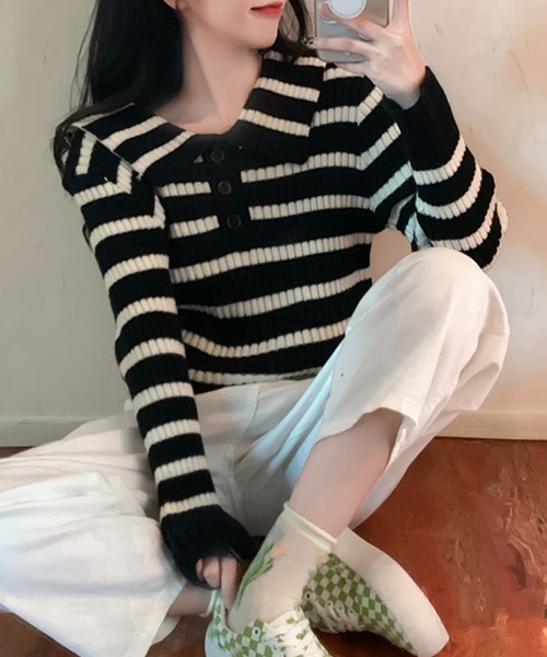 Primazel(プリマゼル)の「セーラーカラー ボーダーニット トップス(ニット/セーター・レディース・ホワイト/ブラック・M)」の7枚目の写真