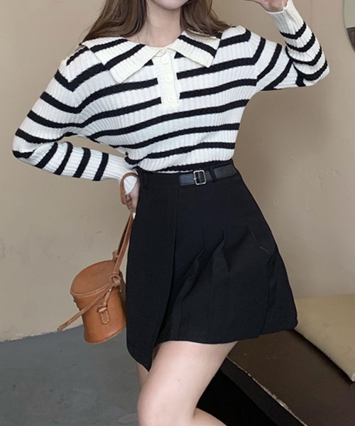 Primazel(プリマゼル)の「セーラーカラー ボーダーニット トップス(ニット/セーター・レディース・ホワイト/ブラック・M)」の12枚目の写真