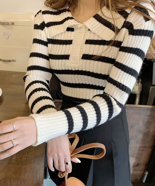 Primazel(プリマゼル)の「セーラーカラー ボーダーニット トップス(ニット/セーター・レディース・ホワイト/ブラック・M)」の11枚目の写真