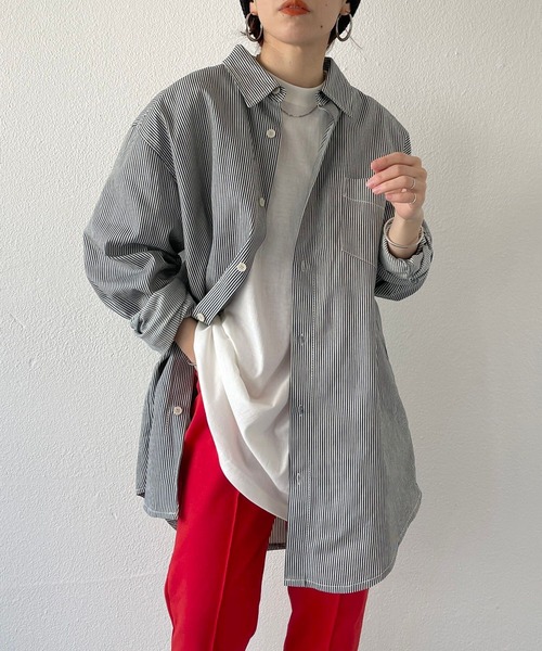 natto（ナット）の「【ユニセックスアイテム】drop shoulder shirt / ドロップショルダーシャツ（シャツ/ブラウス・メンズ・ホワイト/ストライプ・FREE）」の9枚目の写真