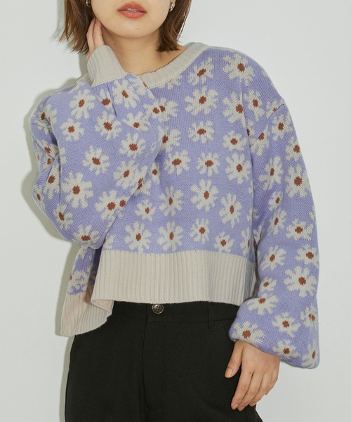 vis-`a-vis（ビサビ）の「【WEB限定】フラワージャガードニットプルオーバー（ニット/セーター・レディース・ターコイズブルー/ラベンダー/ブラック・FREE）」の3枚目の写真