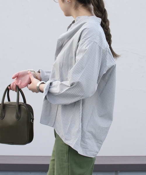 GYMPHLEX(ジムフレックス)の「GYMPHLEX/ジムフレックス バンドカラーショートシャツ BAND COLLAR SHIRT #GY-B0005 MUL(シャツ/ブラウス・レディース・グレー/サックスブルー/ピンク・14)」の2枚目の写真