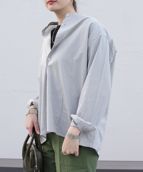 GYMPHLEX(ジムフレックス)の「GYMPHLEX/ジムフレックス バンドカラーショートシャツ BAND COLLAR SHIRT #GY-B0005 MUL(シャツ/ブラウス・レディース・グレー/サックスブルー/ピンク・14)」の15枚目の写真