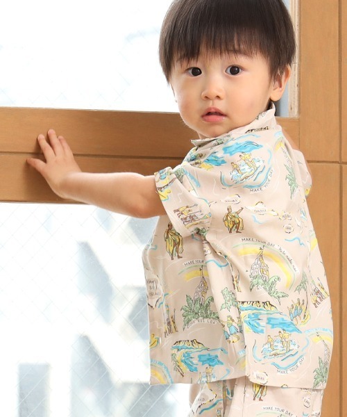 MAKE YOUR DAY（メイクユアデイ）の「アロハ柄半袖シャツ■80～140cm（シャツ/ブラウス・キッズ・サックスブルー/ベージュ/オフホワイト・120/110/130/100/90/140/80）」の4枚目の写真