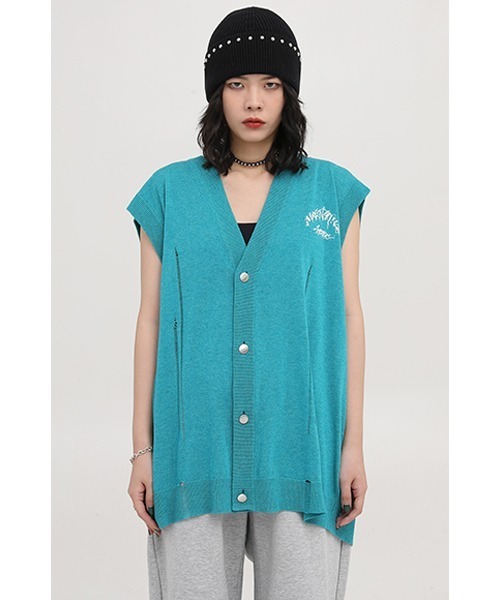 MASONPRINCE】Oversized back logo damage sleeveless cardigan MJ2026 
