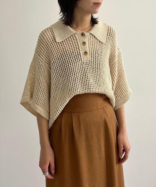 CITEN（シテン）の「＜CITEN（シテン）＞ポロエリメッシュルーズニット（ニット/セーター・レディース・ブラック/ナチュラル/ケリー・FREE）」の3枚目の写真
