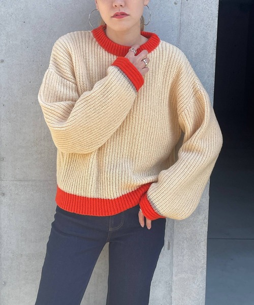 bohmal（ボマール）の「スリーブデザインバイカラーニット（ニット/セーター・レディース・オフホワイト/グレー/ネイビー/ベージュ・FREE）」の14枚目の写真