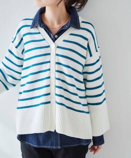 le.coeur blanc(ルクールブラン)の「ボーダーワイドシルエットVネックカーディガン(カーディガン/ボレロ・レディース・ブラック系その他/ブルー系その他2・38)」の1枚目の写真