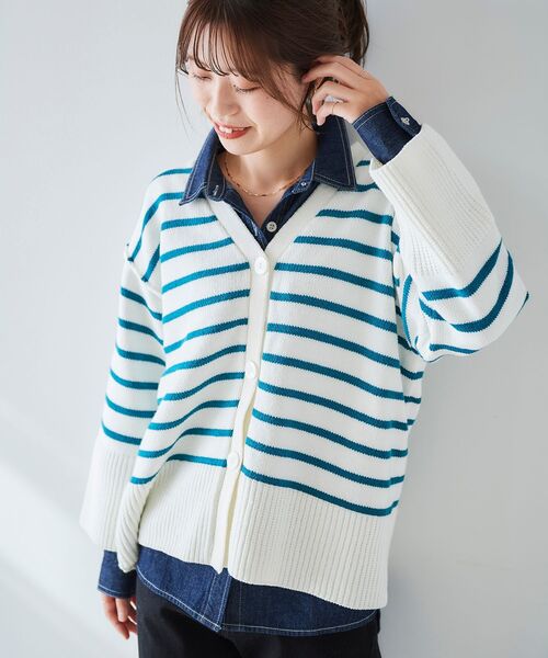 le.coeur blanc(ルクールブラン)の「ボーダーワイドシルエットVネックカーディガン(カーディガン/ボレロ・レディース・ブラック系その他/ブルー系その他2・38)」の16枚目の写真