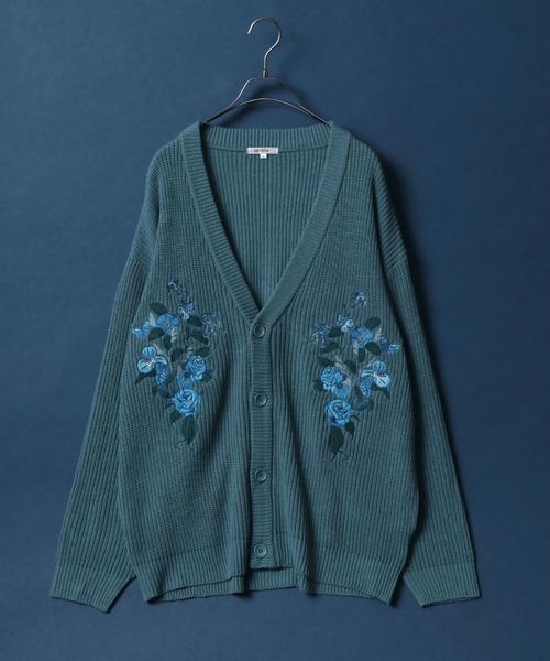Flower Embroidery Cardigan Stitch Oversized Knit Cardigan/花柄刺繍 畦編み オーバーサイズ ニットカーディガン