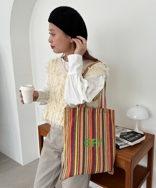 DISCOAT(ディスコート)の「【新色追加!】ストライプアソートロゴトートバッグ(トートバッグ・レディース・ブラック/ベージュ/ブラウン/イエロー・FREE)」の17枚目の写真