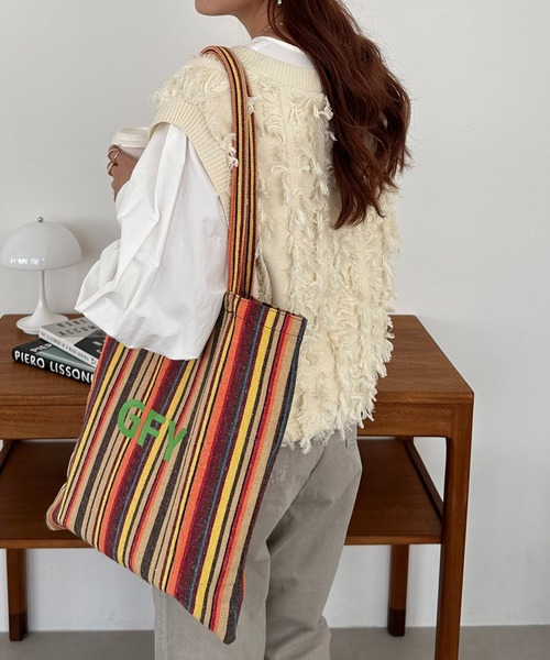 DISCOAT(ディスコート)の「【新色追加!】ストライプアソートロゴトートバッグ(トートバッグ・レディース・ブラック/ベージュ/ブラウン/イエロー・FREE)」の15枚目の写真