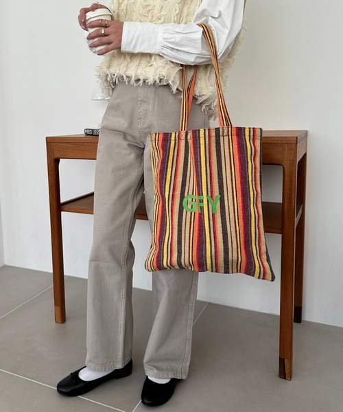 DISCOAT(ディスコート)の「【新色追加!】ストライプアソートロゴトートバッグ(トートバッグ・レディース・ブラック/ベージュ/ブラウン/イエロー・FREE)」の13枚目の写真