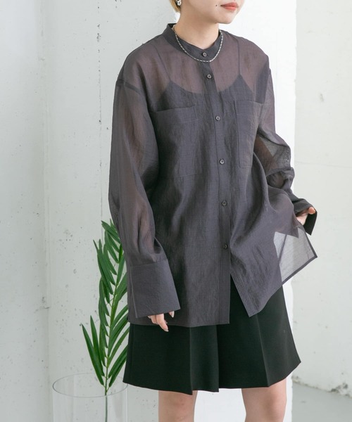 KBF(ケイビーエフ)の「バンドカラーシアーシャツ(シャツ/ブラウス・レディース・ミント/ダークブラウン/アイボリー・ONE)」の11枚目の写真