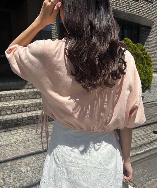 one after another NICE CLAUP(ワンアフターアナザーナイスクラップ)の「ロゴ刺繍サイドリボンショートT(Tシャツ/カットソー・レディース・ブラック/オフホワイト/ピンク/オートミール・FREE)」の15枚目の写真