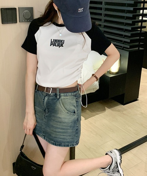 meJane（ミージェーン）の「LINNKI PARKロゴサイドシャーリング ラグラン半そでちびT（Tシャツ/カットソー・レディース・ホワイト/グレー/ピンク・FREE）」の9枚目の写真