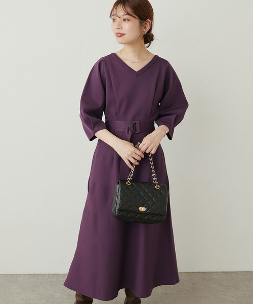 natural couture(ナチュラルクチュール)の「ランタンスリーブポリニットワンピース(ワンピース・レディース・ベージュ/イエロー/パープル/ブラック・FREE)」の3枚目の写真