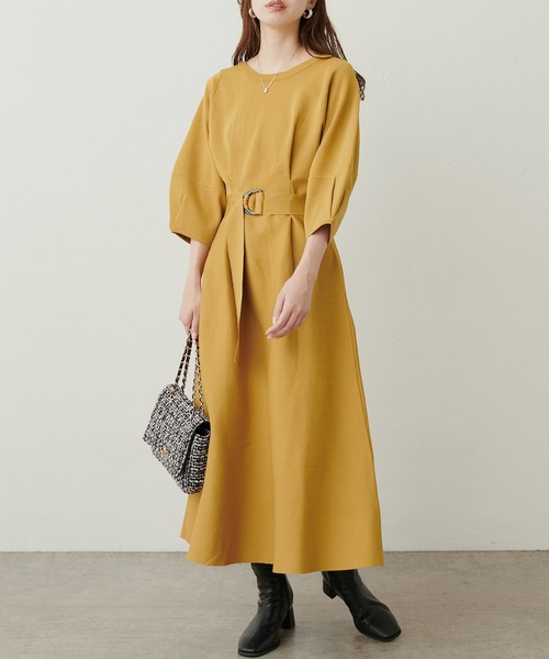 natural couture(ナチュラルクチュール)の「ランタンスリーブポリニットワンピース(ワンピース・レディース・ベージュ/イエロー/パープル/ブラック・FREE)」の4枚目の写真