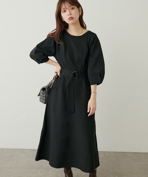 natural couture(ナチュラルクチュール)の「ランタンスリーブポリニットワンピース(ワンピース・レディース・ベージュ/イエロー/パープル/ブラック・FREE)」の2枚目の写真