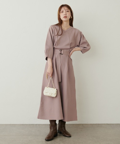 natural couture(ナチュラルクチュール)の「ランタンスリーブポリニットワンピース(ワンピース・レディース・ベージュ/イエロー/パープル/ブラック・FREE)」の14枚目の写真