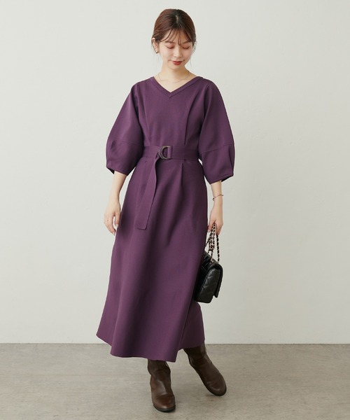 natural couture(ナチュラルクチュール)の「ランタンスリーブポリニットワンピース(ワンピース・レディース・ベージュ/イエロー/パープル/ブラック・FREE)」の19枚目の写真