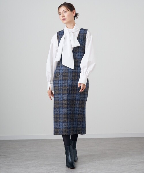 767】アナイ ループチェックジャンパースカート 濃紺 ワンピース38